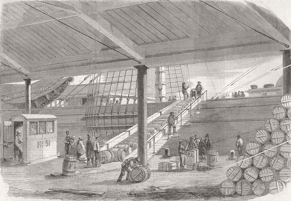 LIVERPOOL. Cotton Famine. Ship, dock with food aid 1863 old antique print